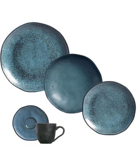 Aparelho De Jantar Orgânico Petroleum 30 Peças Porto Brasil Cerâmica Stoneware Azul Mesa Posta